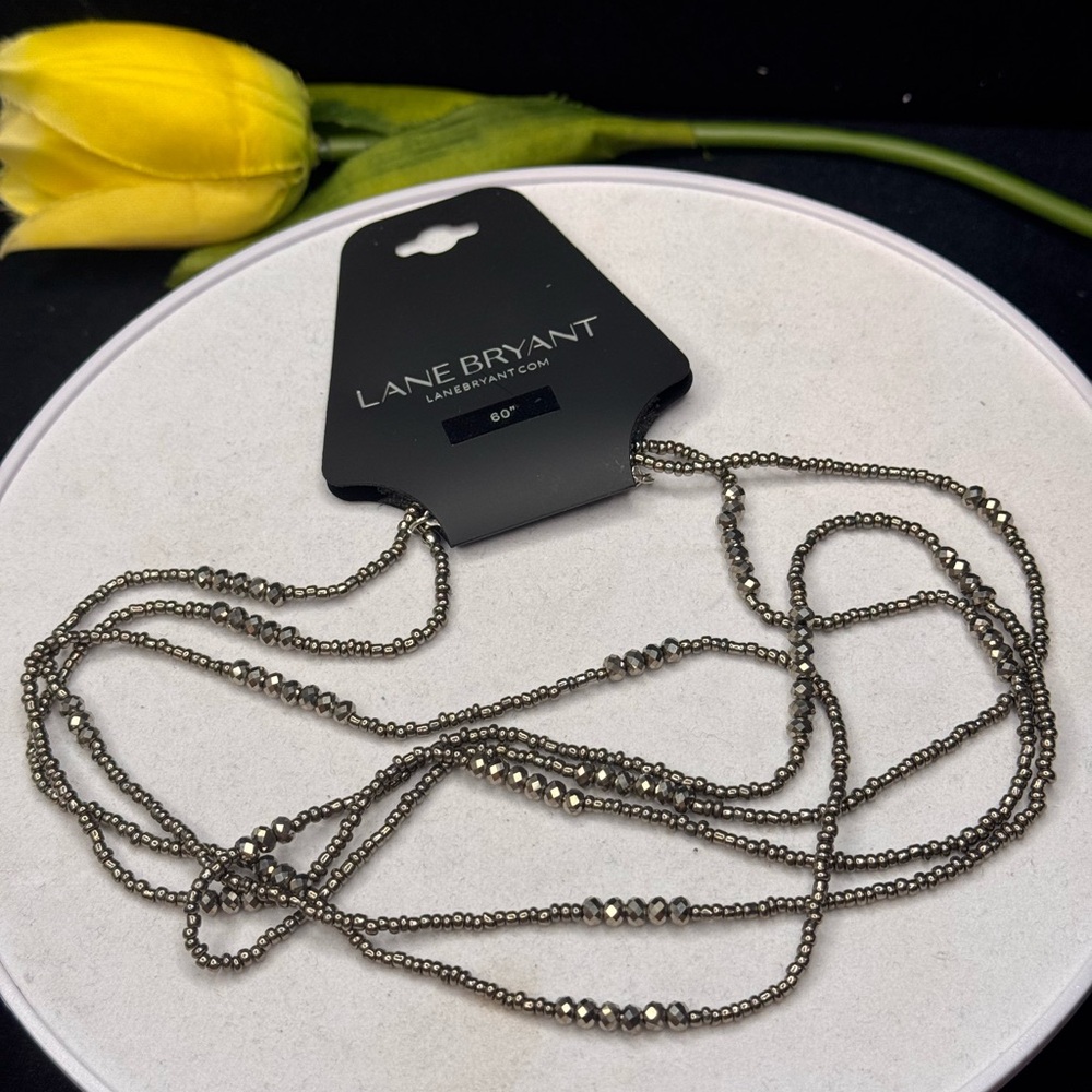 Lane Bryant Gunmetal Beaded Single Strand Necklace 60 inch approx
